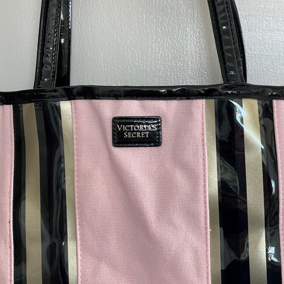 New Victoria's Secret Pink Canvas with Black Gold Stripe Weekender Tote Bag - Picture 11 of 11
